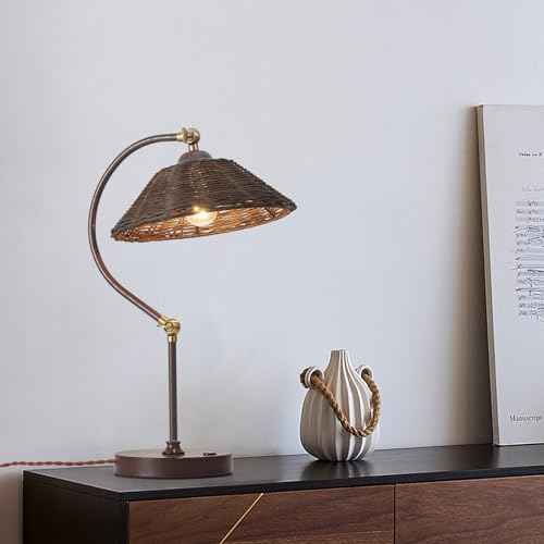 Woven Rattan Bedside Table Lamp for Bedroom, Boho Plug in Handmade Rattan Shade & Anti-Rust Iron Base Desk Lamp, Plug & Play Vintage Dark Brown Nightstand Lamp for Living Room, Office ¡¼Bulb Included¡½