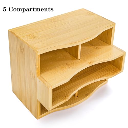 DEAYOU Bamboo Rotating Remote Caddy, 360 Degree Spinning Remote Control Holder, 5 Compartment Revolving Nightstand Bedside Table Organizer for Controller, Pen, Phone, Mail, Calculator, Office
