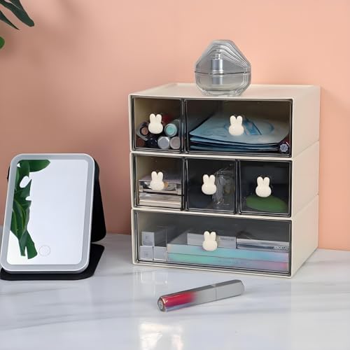 Desktop Storage Drawers, Plastic Desk Organizer with 1 Large Drawer, Modular Stackable Toolbox Units for Office Stationary, Makeup Container, Bathroom Countertop (1 Tall Layer, Cream & Clear) - color: 1 Tall Layer & 1 Drawer, Cream & Clear
