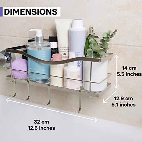 KINCMAX Premium Shower Caddy - Self Adhesive Shower Organizer with 4 Hooks, Rustproof Stainless Steel Shower Rack for Bathroom, Silver