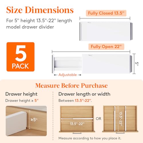 Lifewit 5 Pack 5" High Drawer Dividers 34-56cm/13.5-22" Adjustable Drawer Organizer for Clothes/Utensils, Expandable Drawer Separator in Dresser/Kitchen/Bedroom/Office Organization & Storage White - size: 5"H, 13.5-22"L