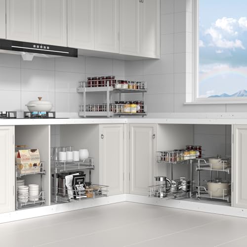 ZOINLIY Pull Out Cabinet Organizer, Versatile Slide Out Kitchen Organizers and Storage,Heavy Duty Drawer Cupboard Storage Basket, Smooth Sliding, Chrome Finish (2-Tiers-22¼''W×22“D) - size: 2-Tiers 22¼''W×22'D