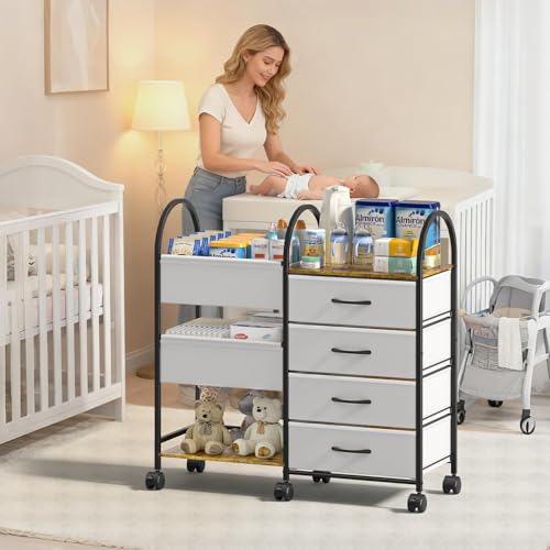 Baby Diaper Caddy Organizer Cart with Wheels, 4-Tier Rolling Diaper Cart with Dividers and Drawers, Multi-Layer Nursery Storage for Diapers & Baby Essentials - color: Grey