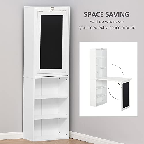 White Foldable Wall Mounted Desk with Storage Shelves, Fold Out Convertible Computer Table with Blackboard, Folding Writing Table Workstation for Small Spaces, Home Office - color: White