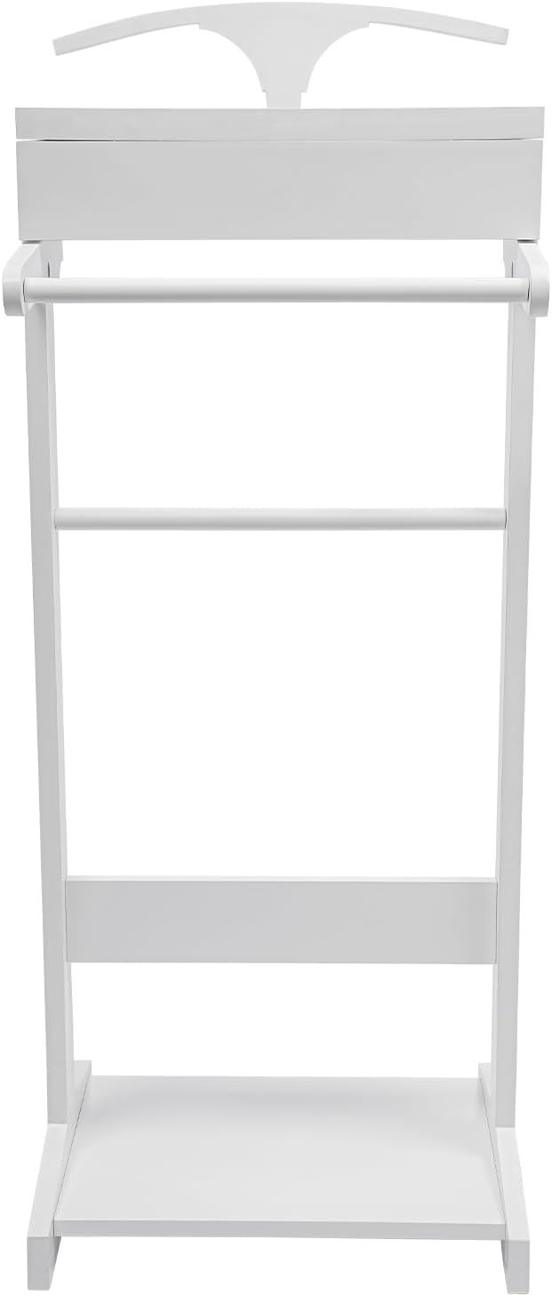 Clothing Rack, Wood Suit Clothes Stand with Drawer, Practical Freestanding Clothes Stand with Top Tray for Men, Women, Organizes Ties, Belts, Shoes, 22Ibs Capacity, Modern White
