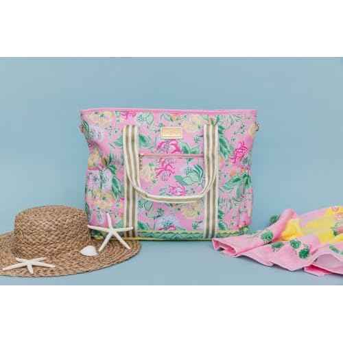 Lilly Pulitzer Pink Picnic Beach Cooler, Insulated Soft Cooler Bag with Adjustable Shoulder Strap and Zippered Top, Large for Groceries or Travel, Via Amore Spritzer