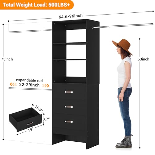 Homieasy 96 Inches Closet Organizer System, 8FT Customizable Walk In Closet Organizer with Hanging Rods, 3 Drawers Garment Rack with Leather Handle , 96" L x 16" W x 75" H, Max Load 1000 LBS, Black - color: Black