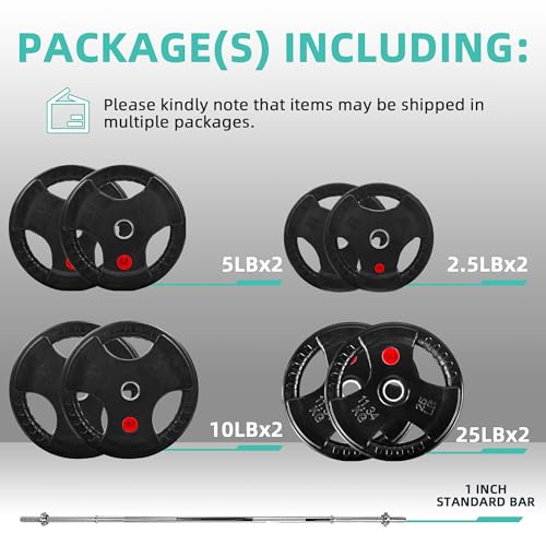 Fitvids Barbell Weight Set, Cast Iron 1" Standard Weight Plates Including 5FT Standard Barbell Bar & Star Locks, 95 Pounds Set (85 Lbs Plates + 10 Lbs Barbell Bar), Multiple Packages