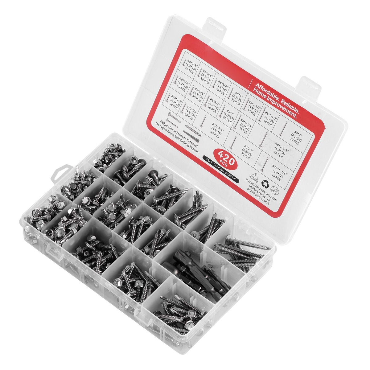 420 PCS Self Drilling Screws, Stainless Steel #8 #10 Sheet Metal Screw Assortment Kit for Metal and Wood, Phillips Truss Head & Hex Head Self Tapping Screws, Length 1/2 Inch to 2 Inch, Silver