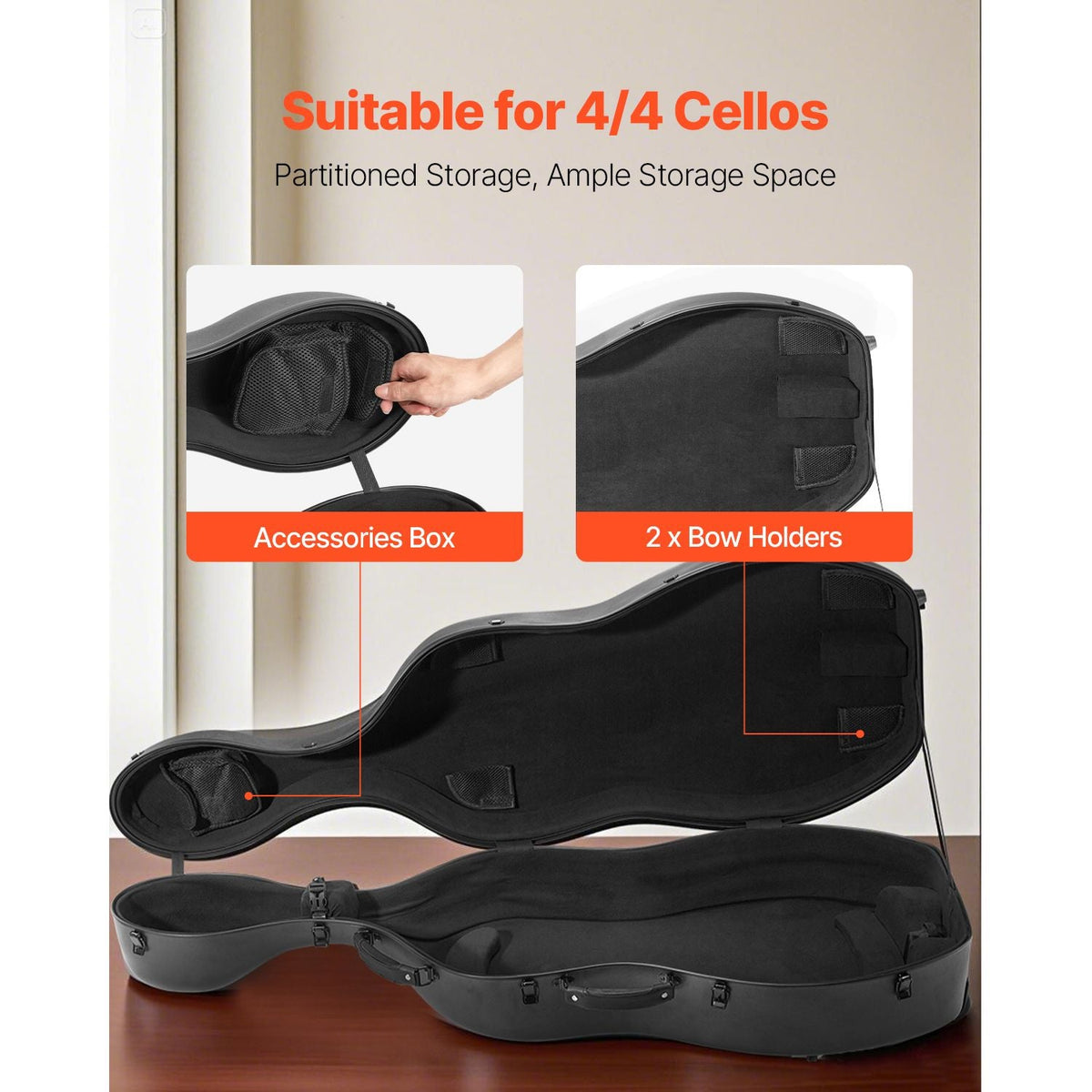 4/4 Full Size Cello Case, Composite Carbon Fiber, Lightweight Portable Travel Carrying Bag, with Plush Lining, Dual Shoulder Straps, Anti-Scratch, Professional Cello-Shape, for Cello, Black