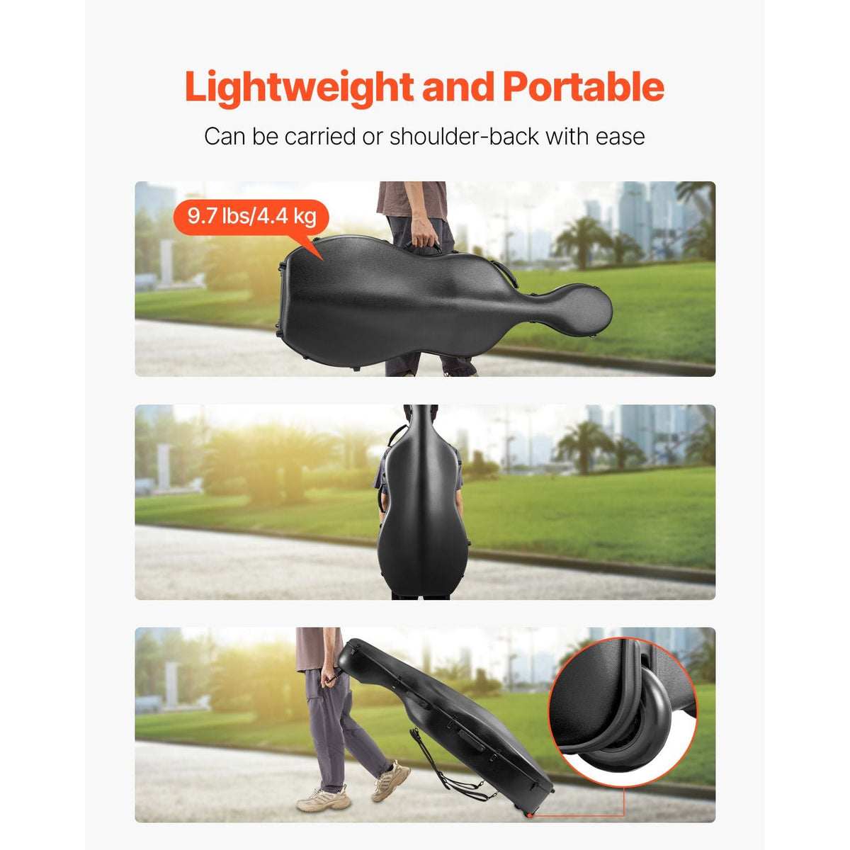 4/4 Full Size Cello Case, Composite Carbon Fiber, Lightweight Portable Travel Carrying Bag, with Plush Lining, Dual Shoulder Straps, Anti-Scratch, Professional Cello-Shape, for Cello, Black