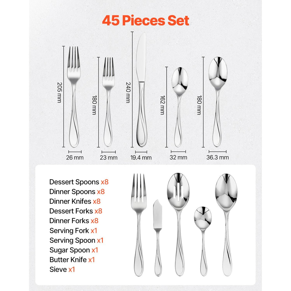 45-Piece Silverware Set, Food-Grade Stainless Steel Flatware Utensils, Mirror Finished Cutlery Set, Dishwasher Safe Eating Tableware for Kitchen Home, Service for 8, Include Knife Fork Spoon
