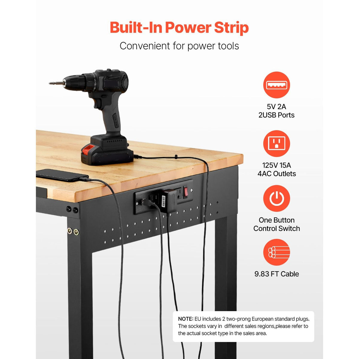 48-Inch Adjustable Workbench, 2000 lbs Load, Work Bench with Power Outlet, Wheels, and Pegboard, Heavy Duty Oak Wood Top Work Table for Garage, Workshop, Office, and Home
