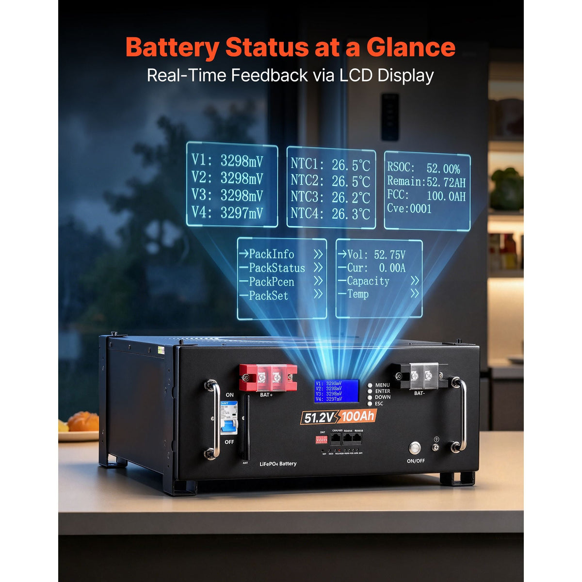 48V 100Ah LiFePO4 Lithium Battery, Built-in 100A BMS, 51.2V Server Rack LiFePO4 Battery with Bluetooth & Display, 5120Wh Capacity, 6000 Cycles, for Solar Energy Storage Home Backup Power, 2 Pack