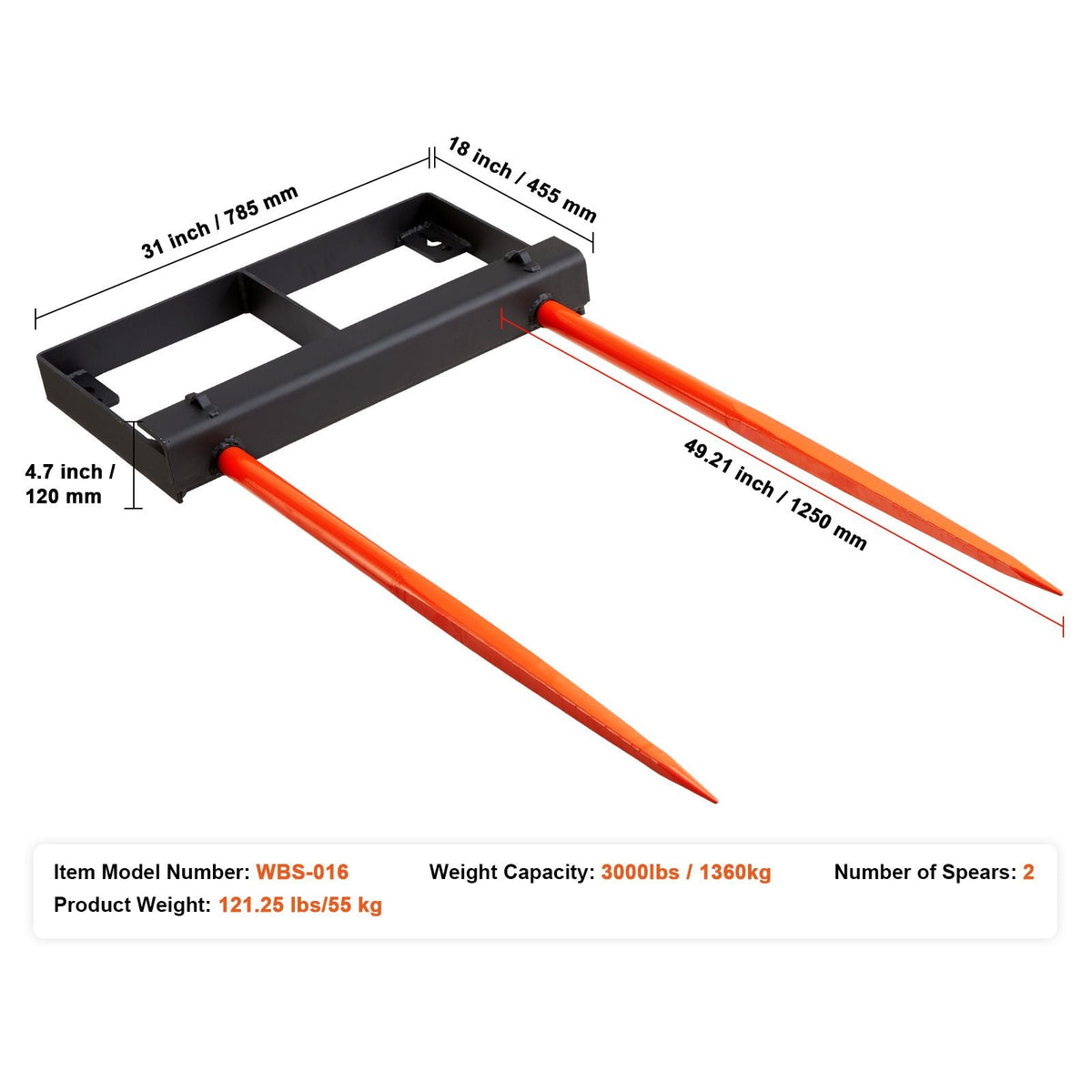 49" Hay Spear, Bale Spears 3000lbs Loading Capacity, Skid Steer Loader Tractor Bucket Attachment with 2pcs 17.5" Stabilizer Spears and 60" Chain, Quick Attach Spike Forks