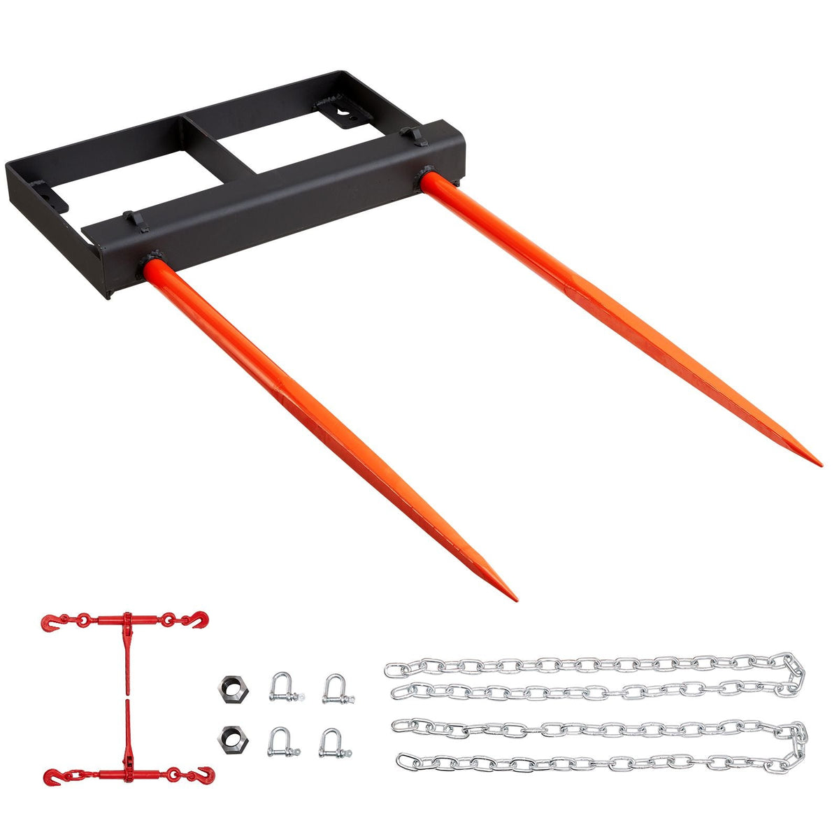 49" Hay Spear, Bale Spears 3000lbs Loading Capacity, Skid Steer Loader Tractor Bucket Attachment with 2pcs 17.5" Stabilizer Spears and 60" Chain, Quick Attach Spike Forks