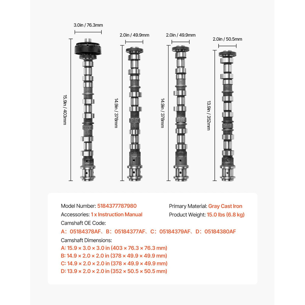 4Pcs Engine Camshaft Set, 05184378AF 05184377AF 05184379AF 05184380A, Fit 2011-2015 Dodge Durango, 2012-2016 Jeep Wrangler, 2014-2016 RAM Promaster 1500/2500/3500, 3.6L