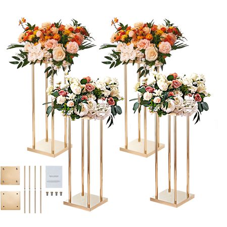 4PCS Gold Metal Column Wedding Flower Stand, 31.5inch High With Metal Laminate, Vase Geometric Centerpiece Stands, Cylindrical Floral Display Rack for Events Reception, Party Road Leads