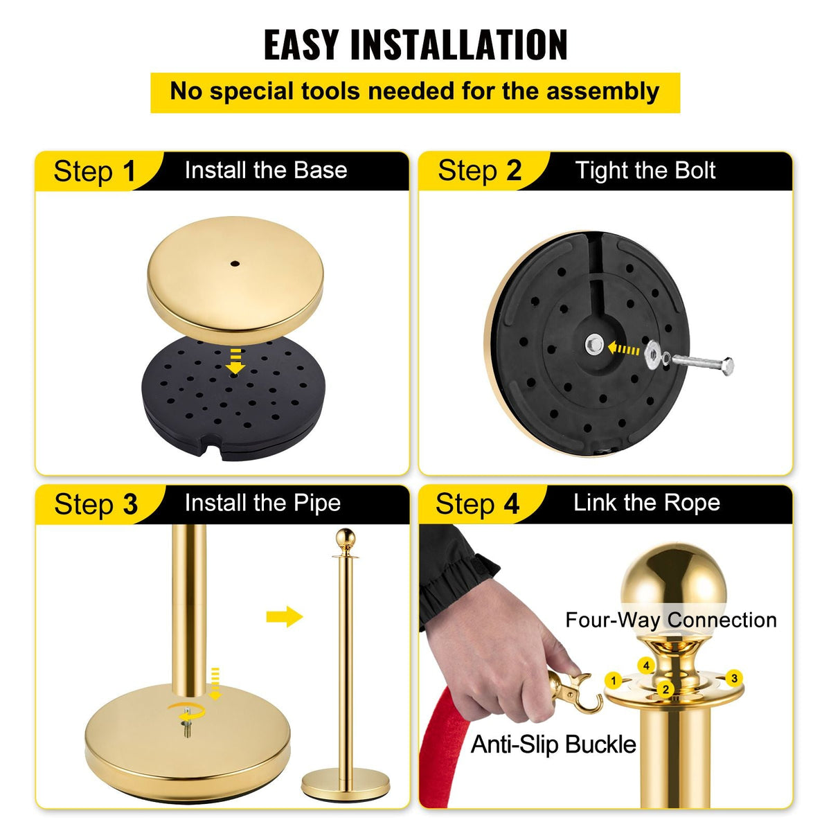 4PCS Gold Stanchion Posts Queue, 38 Inch Red Velvet Rope, Crowd Control Barriers Queue Line Rope, Barriers for Party Supplies