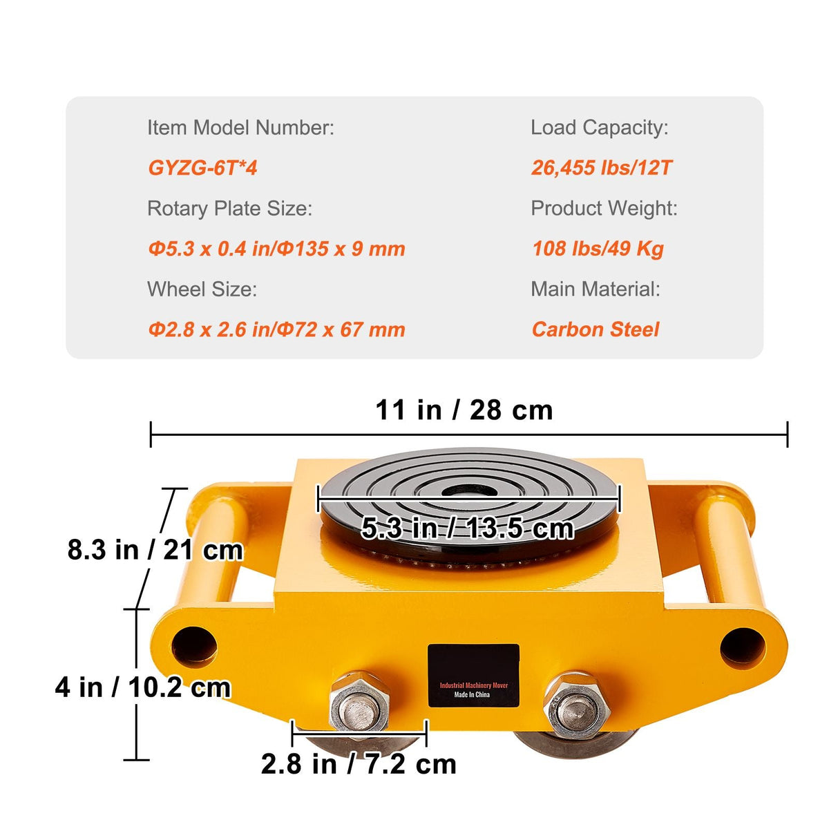 4PCS Machinery Skate Dolly, 26455LBS/12T Industrial Machinery Mover, Heavy Duty Carbon Steel Machinery Moving Skate & 4 Carbon Steel Wheels and 360° Rotation Non-slip Cap for Warehouse, Factory