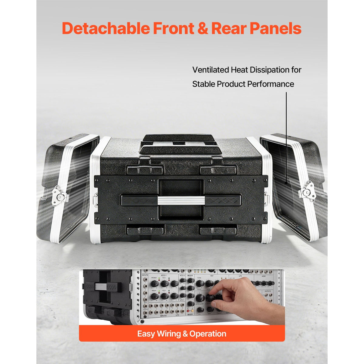 4U Rack Case, Standard 19 in Depth, Server Rack Cabinet with ABS Construction, Recessed Twist Latches, Detachable Front & Back Cover, Easy Installation, for Amplifiers, 18.4 in Internal Depth