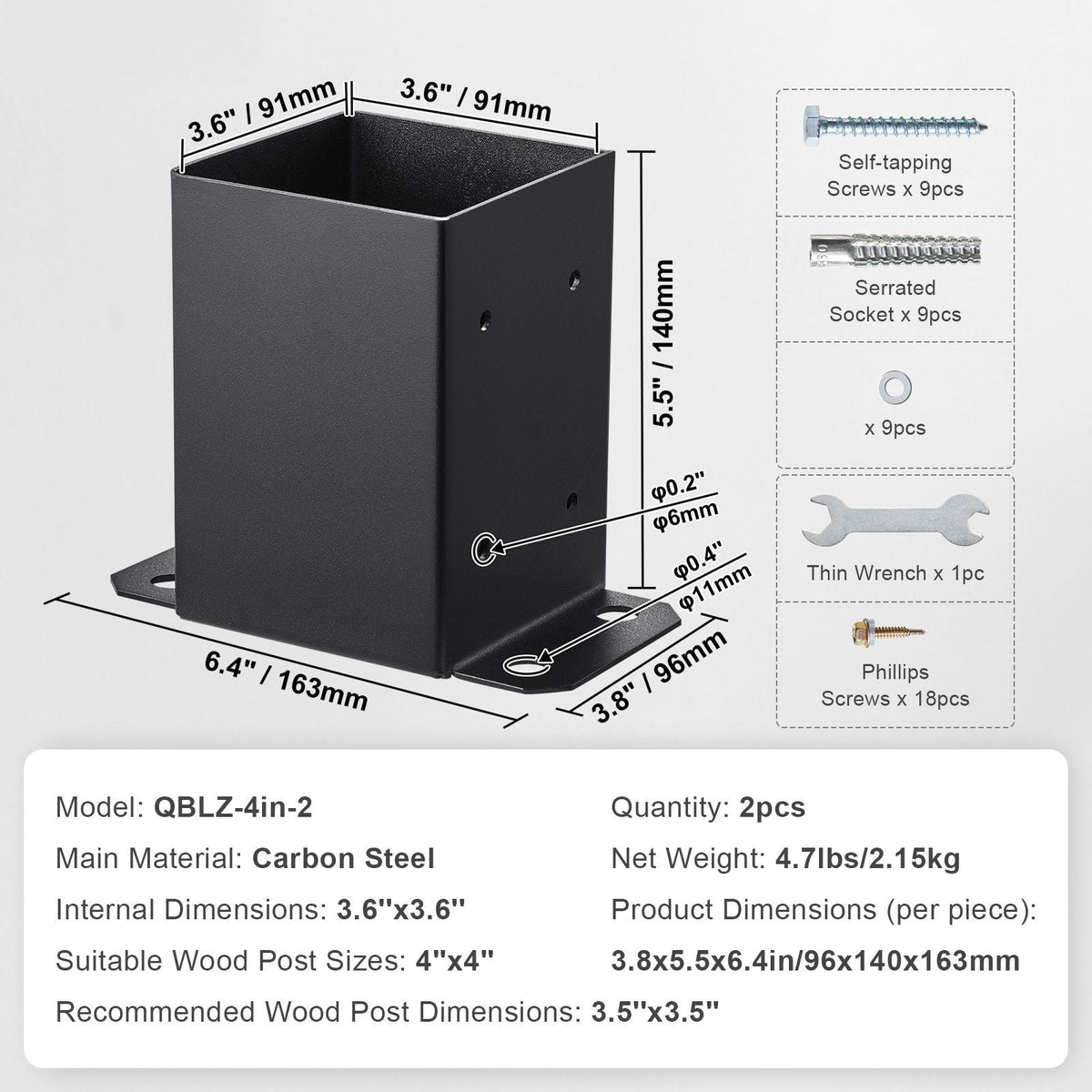 4x4 Post Base 2 Pcs, Inner Size 3.6"x3.6" Post Base Brackets, Heavy Duty Powder-Coated Post Anchor Matte Black Wood Post Brackets for Pavilion Deck Railing Support Deck Base Plate
