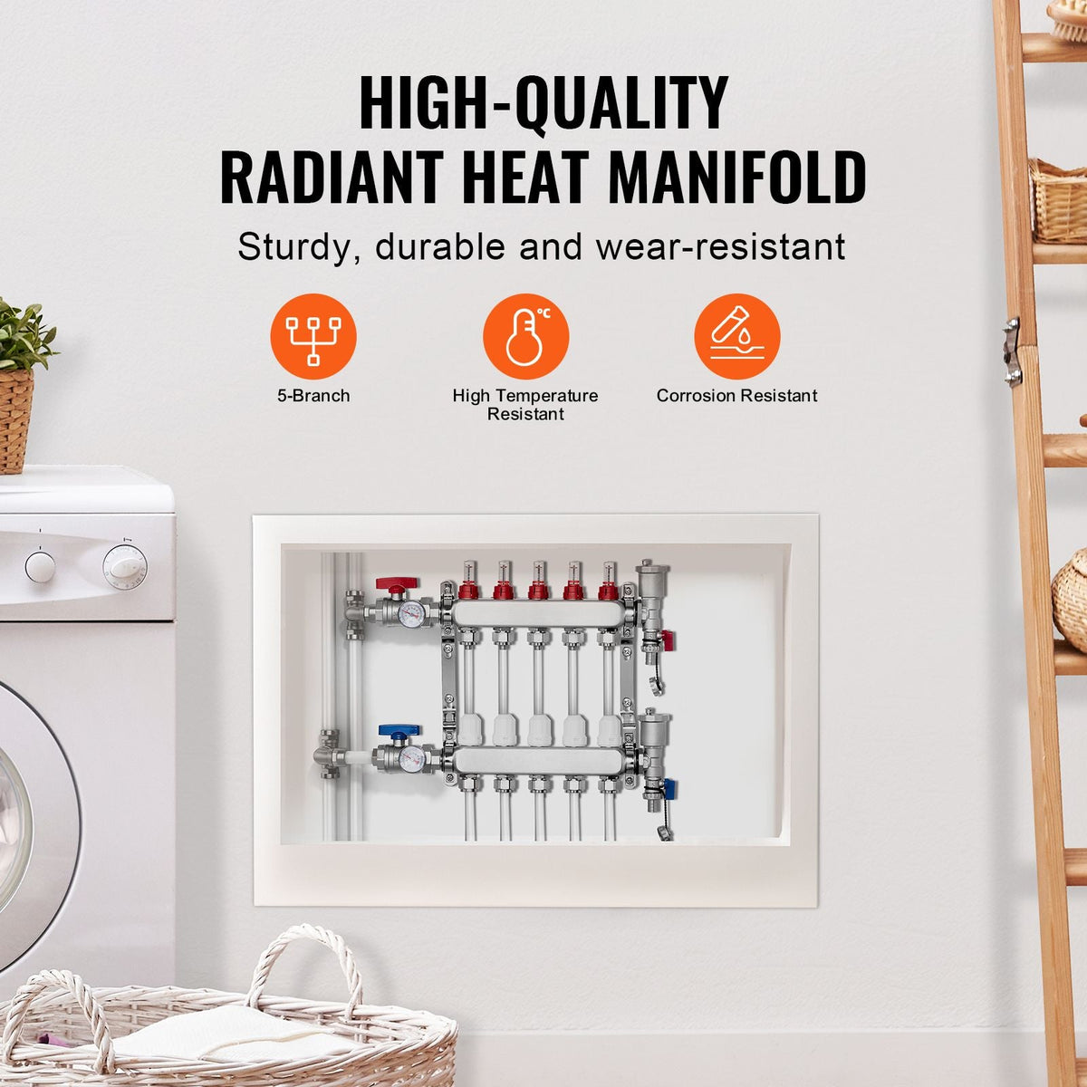 5-Branch Radiant Heat Manifold, 1/2" PEX Tubing Manifold, Stainless Steel PEX Manifold for Hydronic Radiant Floor Heating, Radiant Heat PEX Manifold Kit with 1/2" Adapters Included