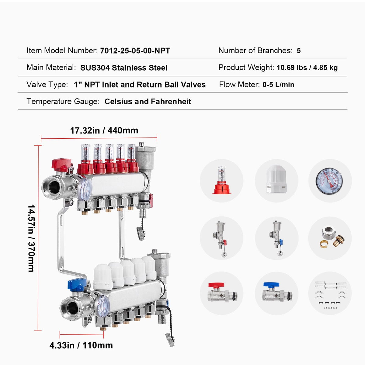 5-Branch Radiant Heat Manifold, 1/2" PEX Tubing Manifold, Stainless Steel PEX Manifold for Hydronic Radiant Floor Heating, Radiant Heat PEX Manifold Kit with 1/2" Adapters Included