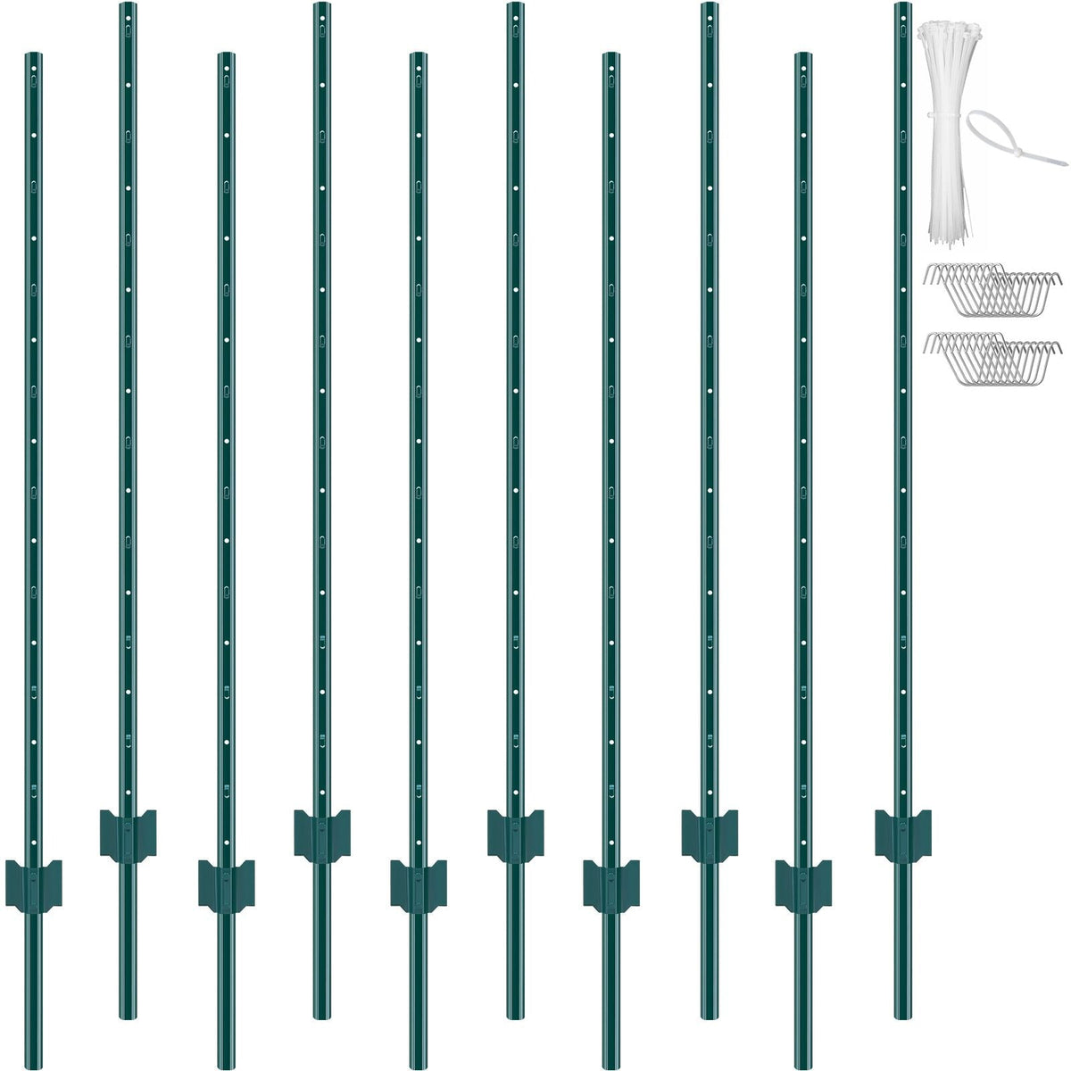 5 Feet Fence Post, 10 Pack U-Channel Heavy Duty Metal Fence Posts, Sturdy Steel Fence Stakes for Garden Yard, Lawn, Farms and Outdoor Wire Fencing, Green