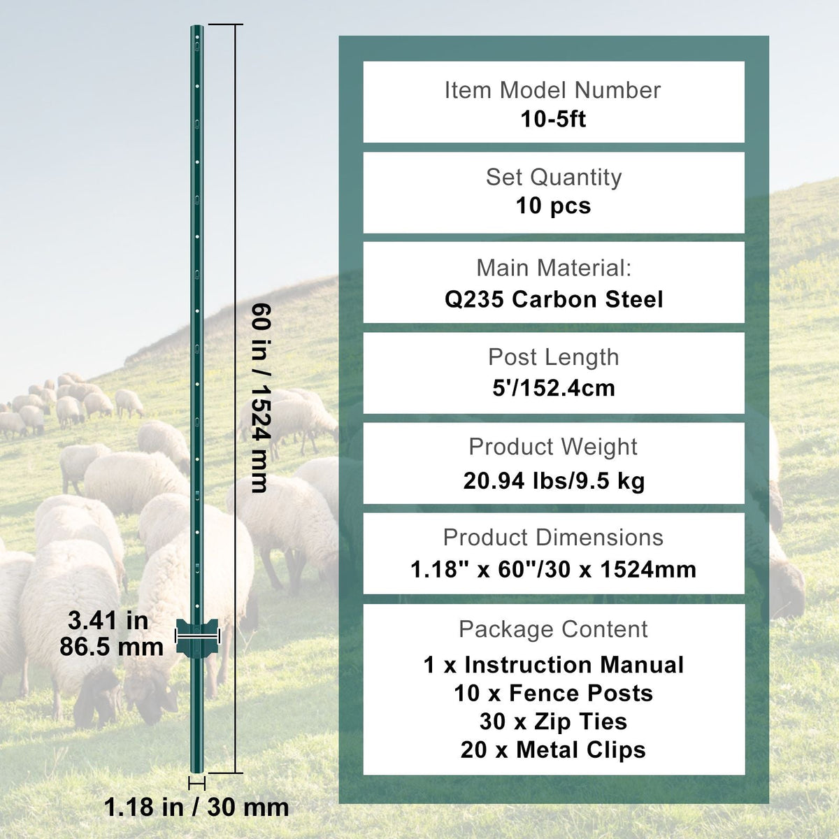 5 Feet Fence Post, 10 Pack U-Channel Heavy Duty Metal Fence Posts, Sturdy Steel Fence Stakes for Garden Yard, Lawn, Farms and Outdoor Wire Fencing, Green