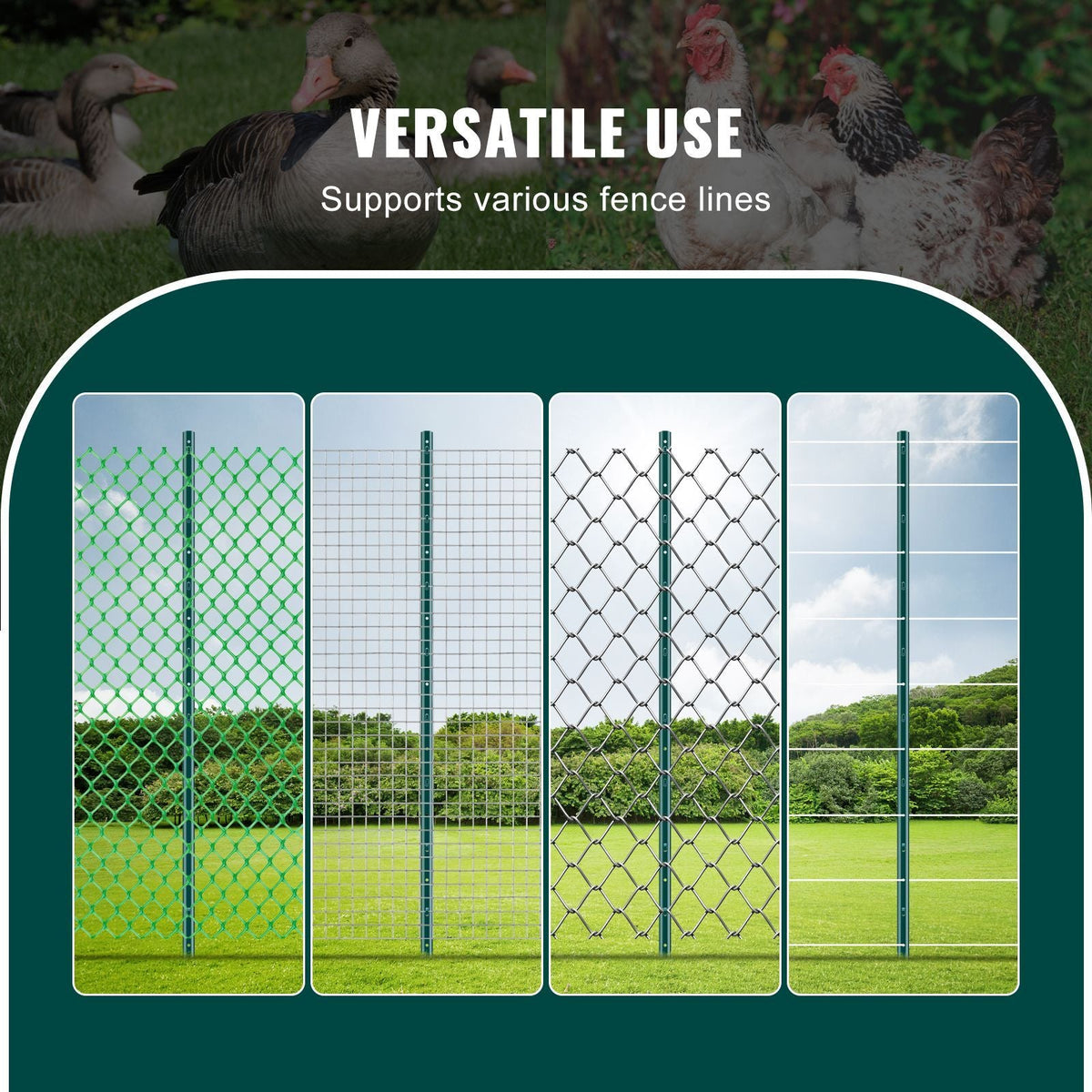 5 Feet Fence Post, 10 Pack U-Channel Heavy Duty Metal Fence Posts, Sturdy Steel Fence Stakes for Garden Yard, Lawn, Farms and Outdoor Wire Fencing, Green