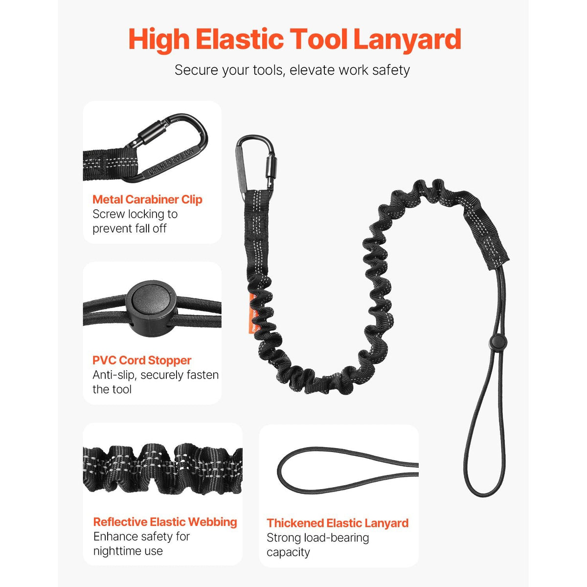 5 Pack Tool Lanyard, Safety Fall Protection Tools Leash with Aluminum Screw Lock Carabiner, 36.61" to 70.87" Retractable Tool Tether for Construction Roofing, Maximum Weight Limit 19.8LBS / 9KG