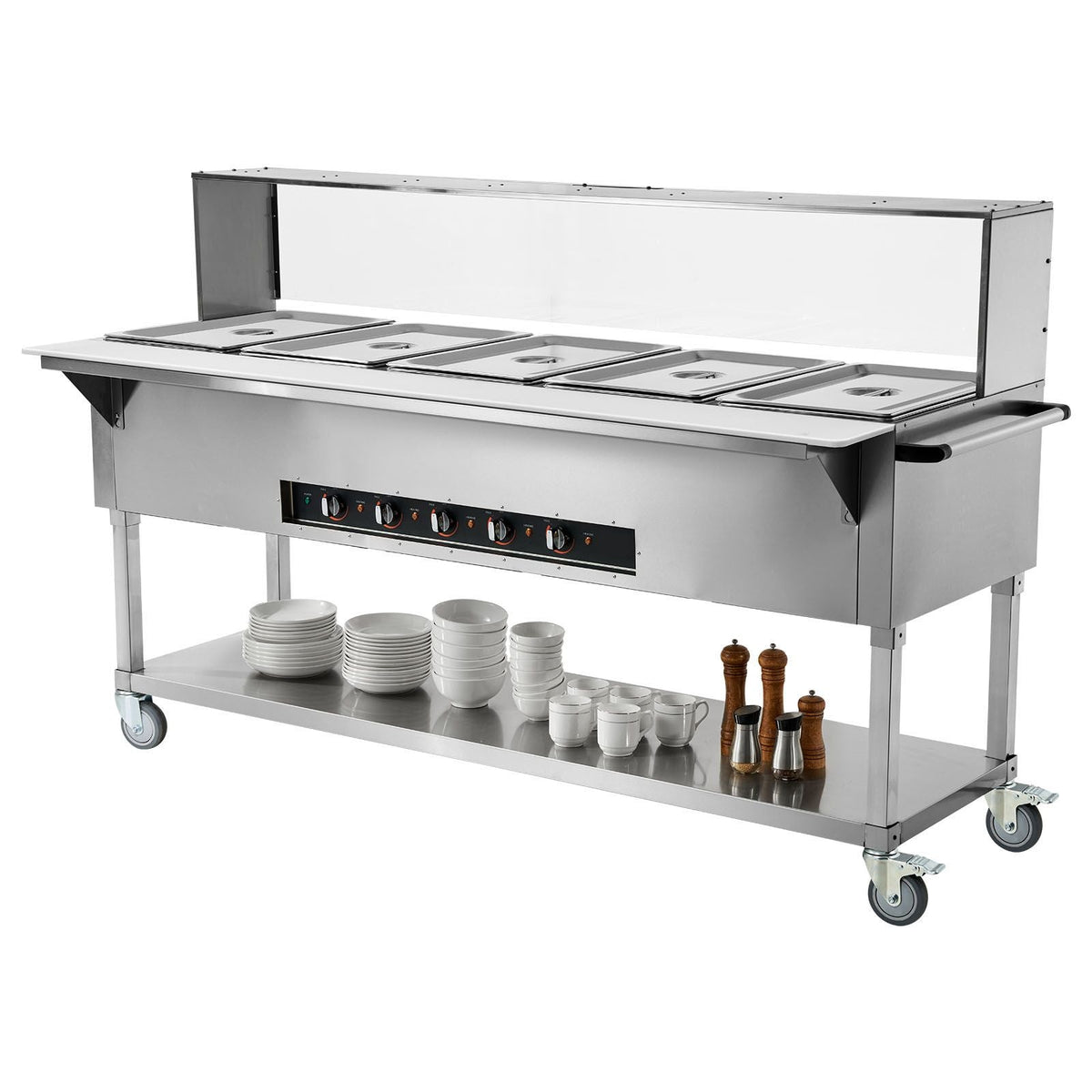 5-Pan Commercial Food Warmer, 5 x 20.6QT Electric Steam Table, 3750W Professional Buffet Catering Food Warmer with Acrylic Sneeze Guard, Food Grade Stainless Steel Server for Party Restaurant