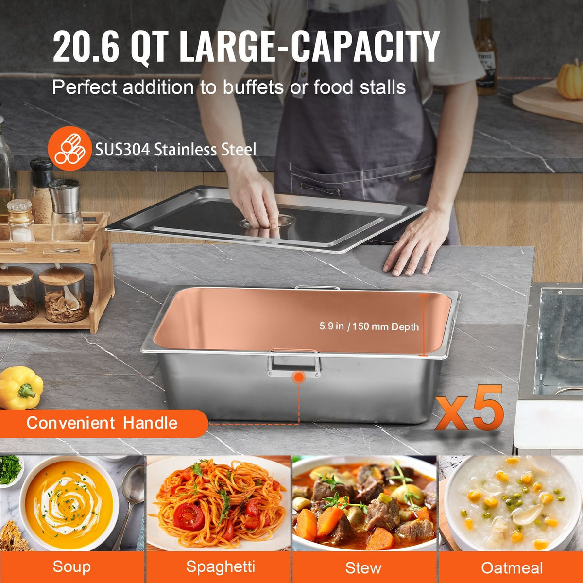 5-Pan Commercial Food Warmer, 5 x 20.6QT Electric Steam Table, 3750W Professional Buffet Catering Food Warmer with Acrylic Sneeze Guard, Food Grade Stainless Steel Server for Party Restaurant