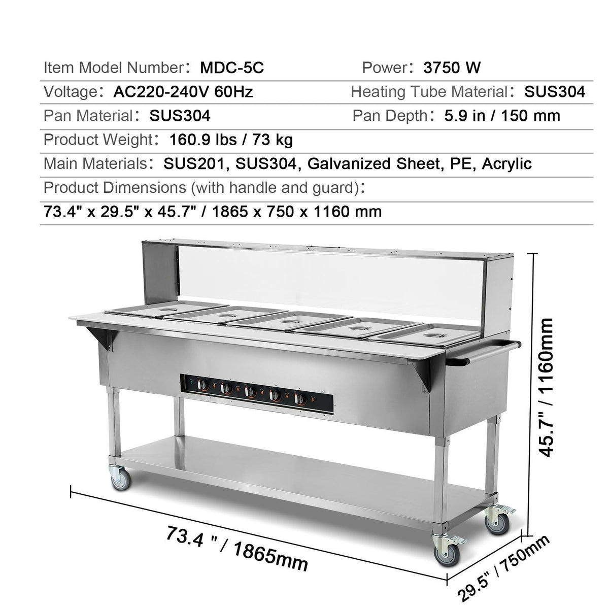 5-Pan Commercial Food Warmer, 5 x 20.6QT Electric Steam Table, 3750W Professional Buffet Catering Food Warmer with Acrylic Sneeze Guard, Food Grade Stainless Steel Server for Party Restaurant