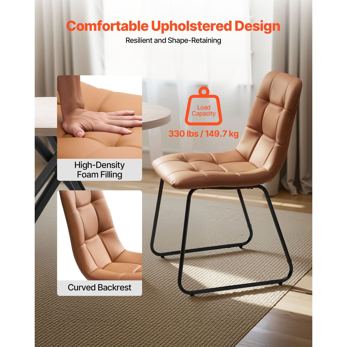 5-Piece Dining Table Set, Space-Saving Round Kitchen Table with 4 Upholstered Orange Chairs, PU Leather Cushions, Modern Wood-Tone Desk with Adjustable Foot Pads for Dining Room, Small Spaces