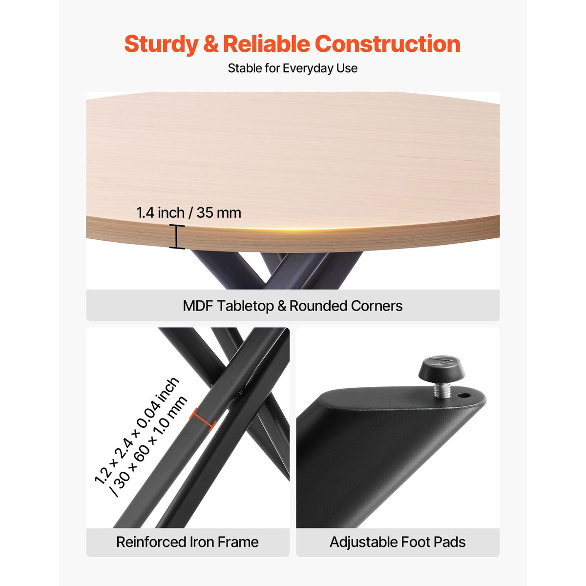 5-Piece Dining Table Set, Space-Saving Round Kitchen Table with 4 Upholstered Orange Chairs, PU Leather Cushions, Modern Wood-Tone Desk with Adjustable Foot Pads for Dining Room, Small Spaces