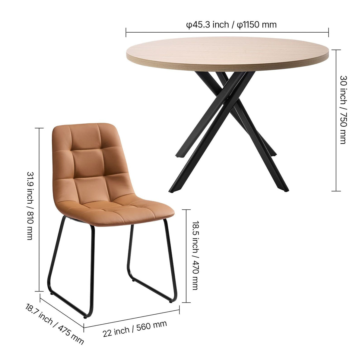 5-Piece Dining Table Set, Space-Saving Round Kitchen Table with 4 Upholstered Orange Chairs, PU Leather Cushions, Modern Wood-Tone Desk with Adjustable Foot Pads for Dining Room, Small Spaces
