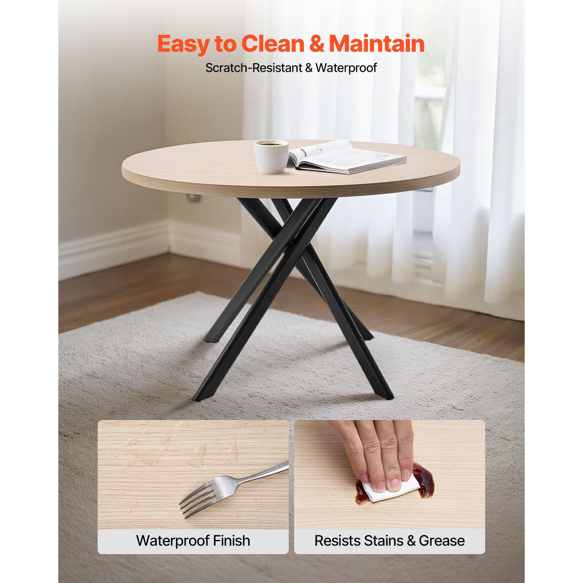 5-Piece Dining Table Set, Space-Saving Round Kitchen Table with 4 Upholstered Orange Chairs, PU Leather Cushions, Modern Wood-Tone Desk with Adjustable Foot Pads for Dining Room, Small Spaces