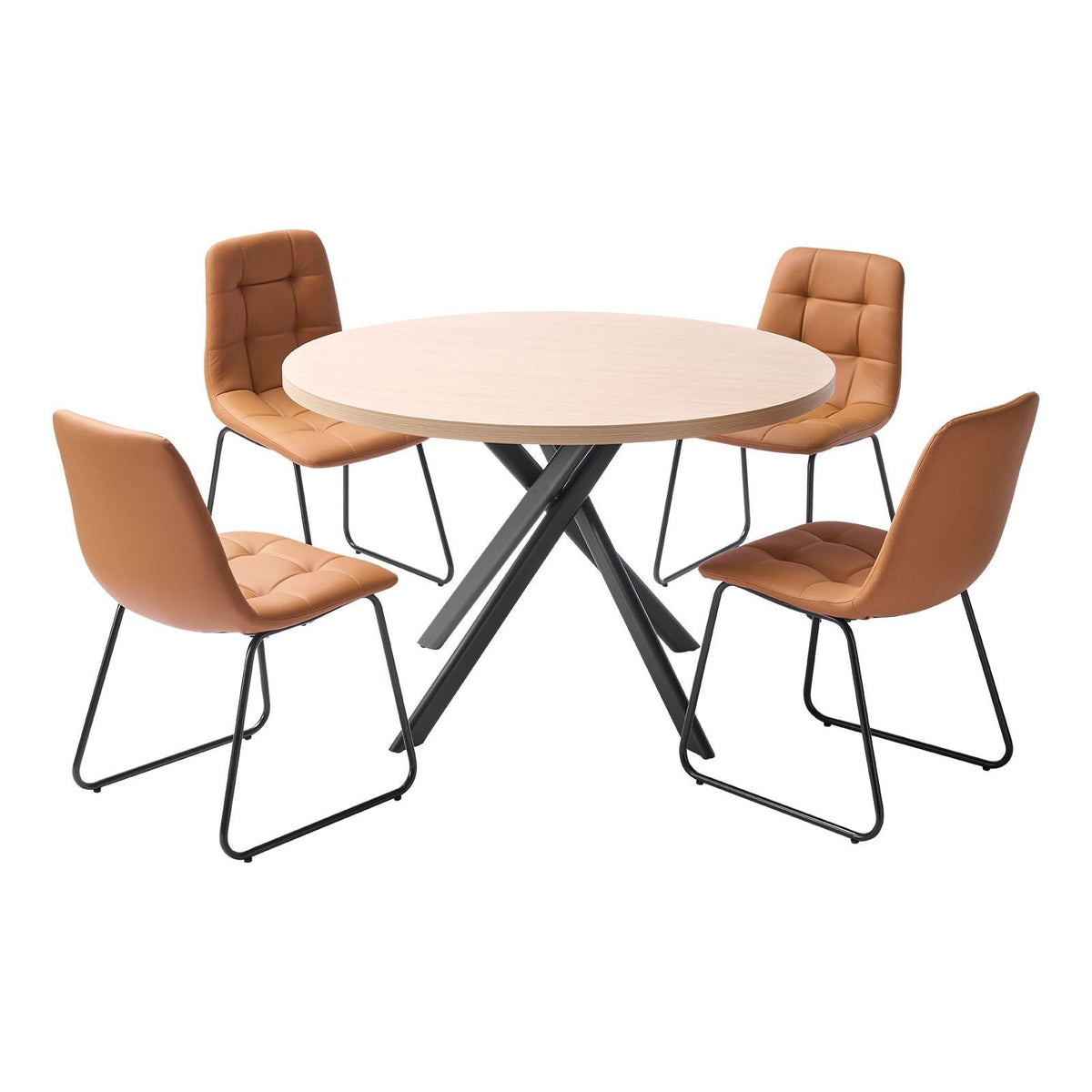 5-Piece Dining Table Set, Space-Saving Round Kitchen Table with 4 Upholstered Orange Chairs, PU Leather Cushions, Modern Wood-Tone Desk with Adjustable Foot Pads for Dining Room, Small Spaces