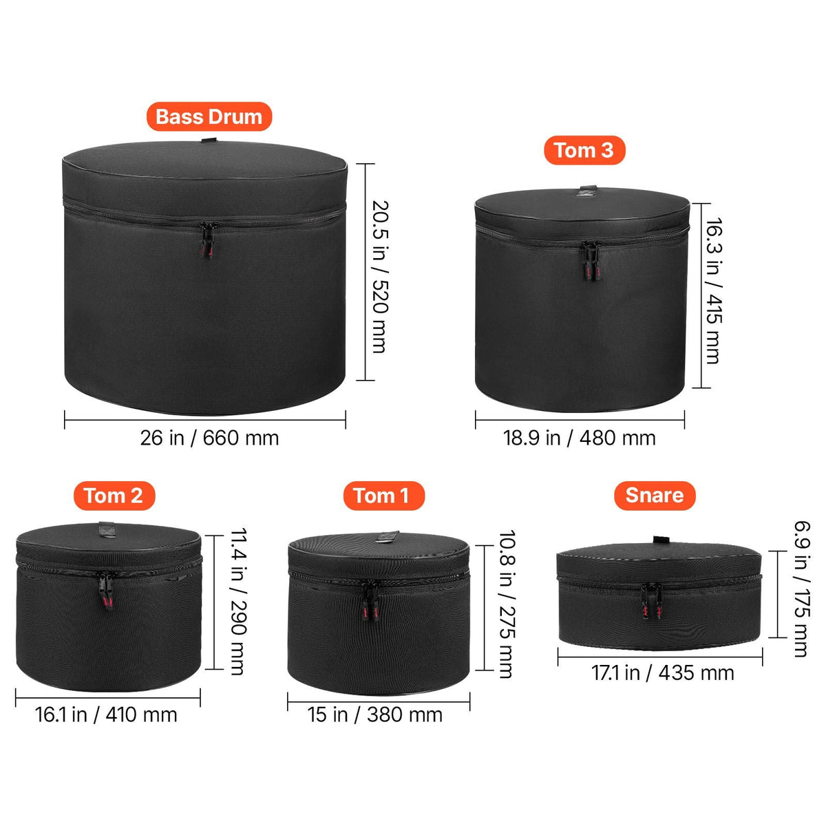 5-Piece Drum Case Set, 600D, Padded Drum Bags for 22 in Bass, 12/13/16 in Tom, 14 in Snare, Thick Padding, Lightweight Protective Covers Travel Storage Cases, for Drums Accessories Protection
