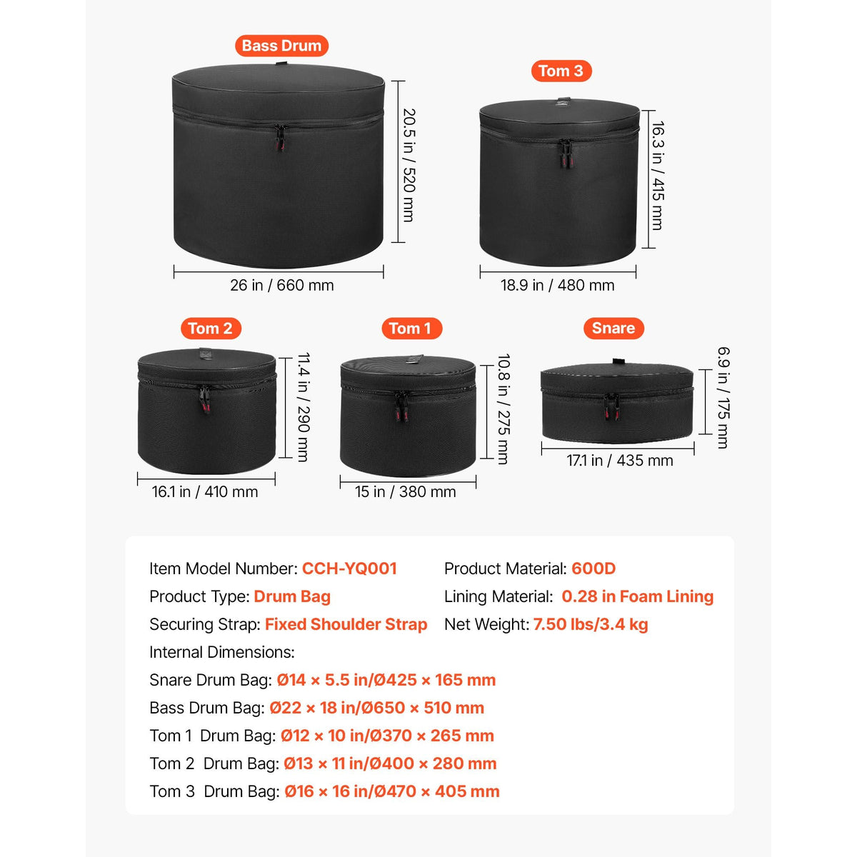 5-Piece Drum Case Set, 600D, Padded Drum Bags for 22 in Bass, 12/13/16 in Tom, 14 in Snare, Thick Padding, Lightweight Protective Covers Travel Storage Cases, for Drums Accessories Protection