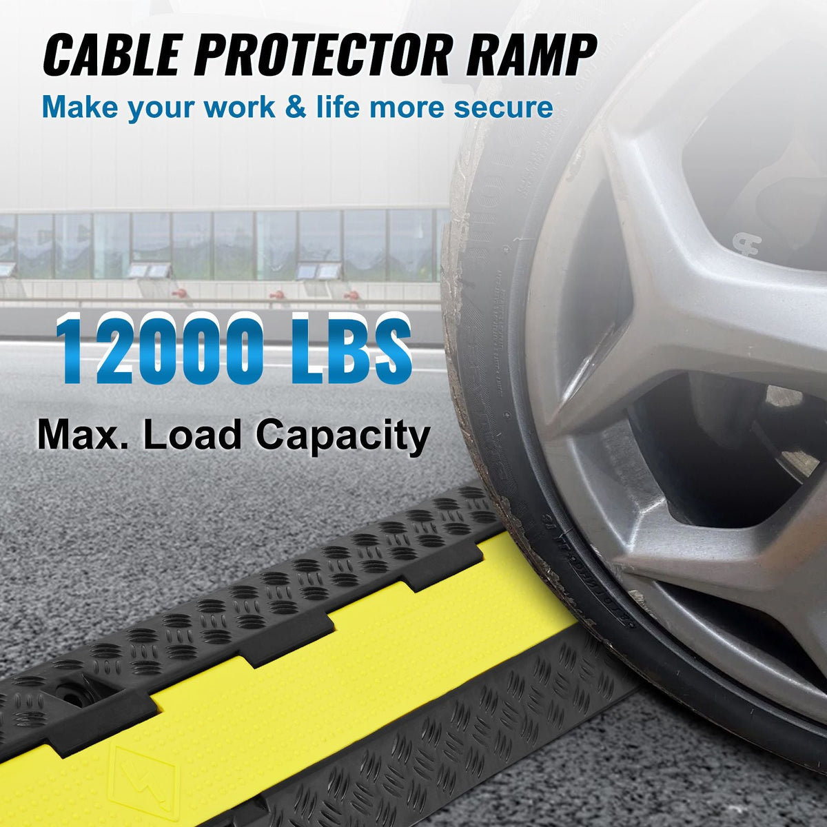 5-Piece Rubber Cable Guard, Dual Channel, 12000 lbs per Axle Load Capacity, Durable Hose & Wire Protection Ramp for Driveways, with Easy Access Top & 50 ft Caution Tape for Both Indoor & Outd