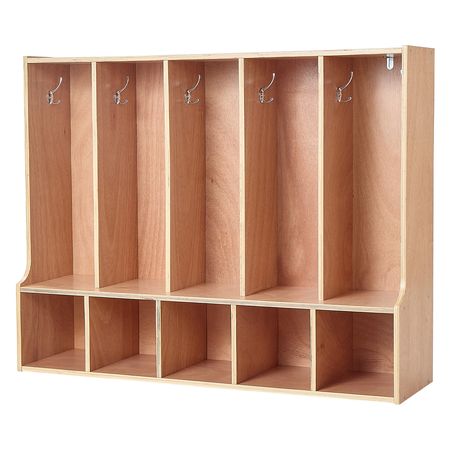 5-Section Kids Coat Locker, Wooden Toddler Cubby Storage Organizer with 10 Hooks & Non-Slip Mat, Modern Kid Coat Cubbies with 5 Small Open Storage Boxes for Home, Kindergarten, Daycare, Natural