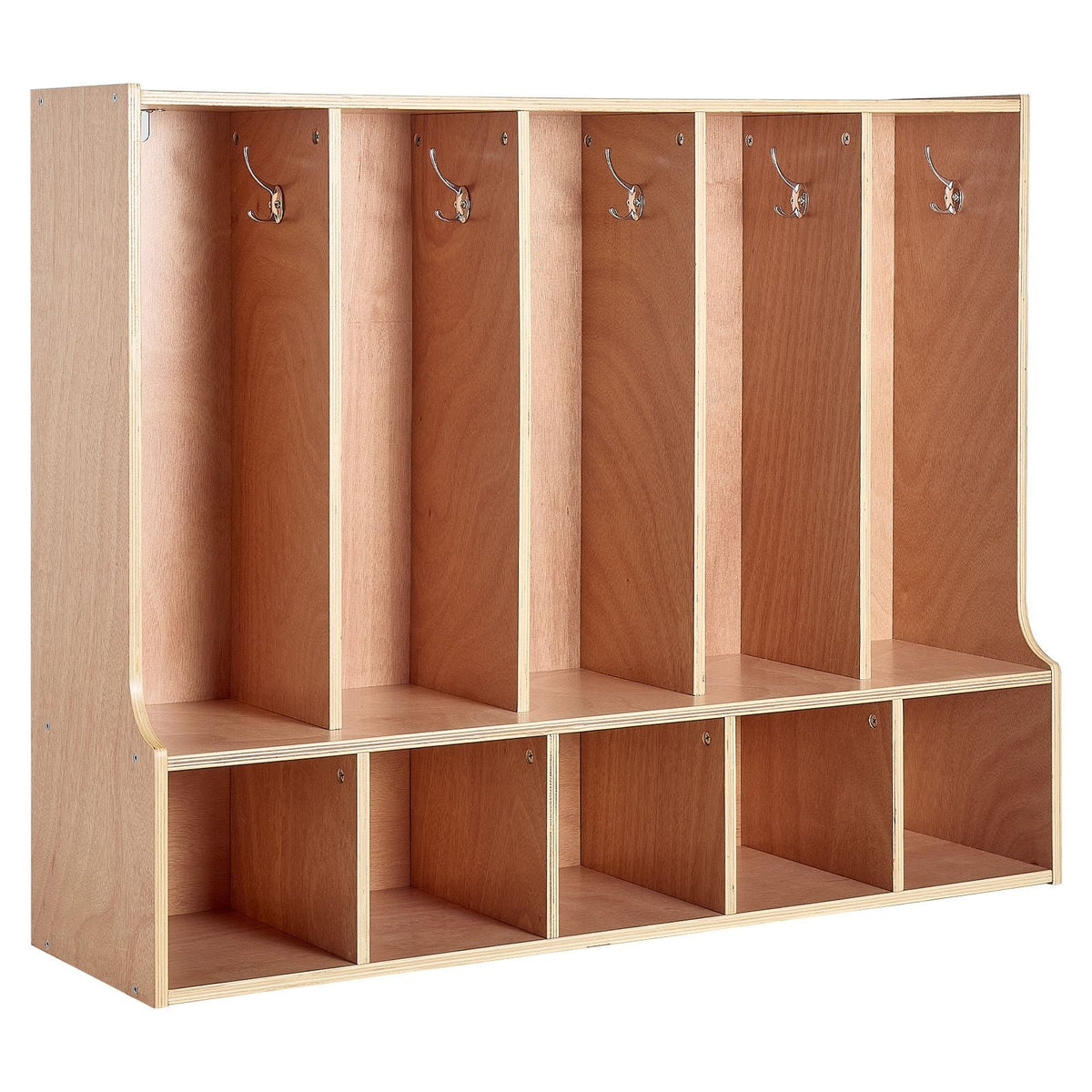 5-Section Kids Coat Locker, Wooden Toddler Cubby Storage Organizer with 10 Hooks & Non-Slip Mat, Modern Kid Coat Cubbies with 5 Small Open Storage Boxes for Home, Kindergarten, Daycare, Natural
