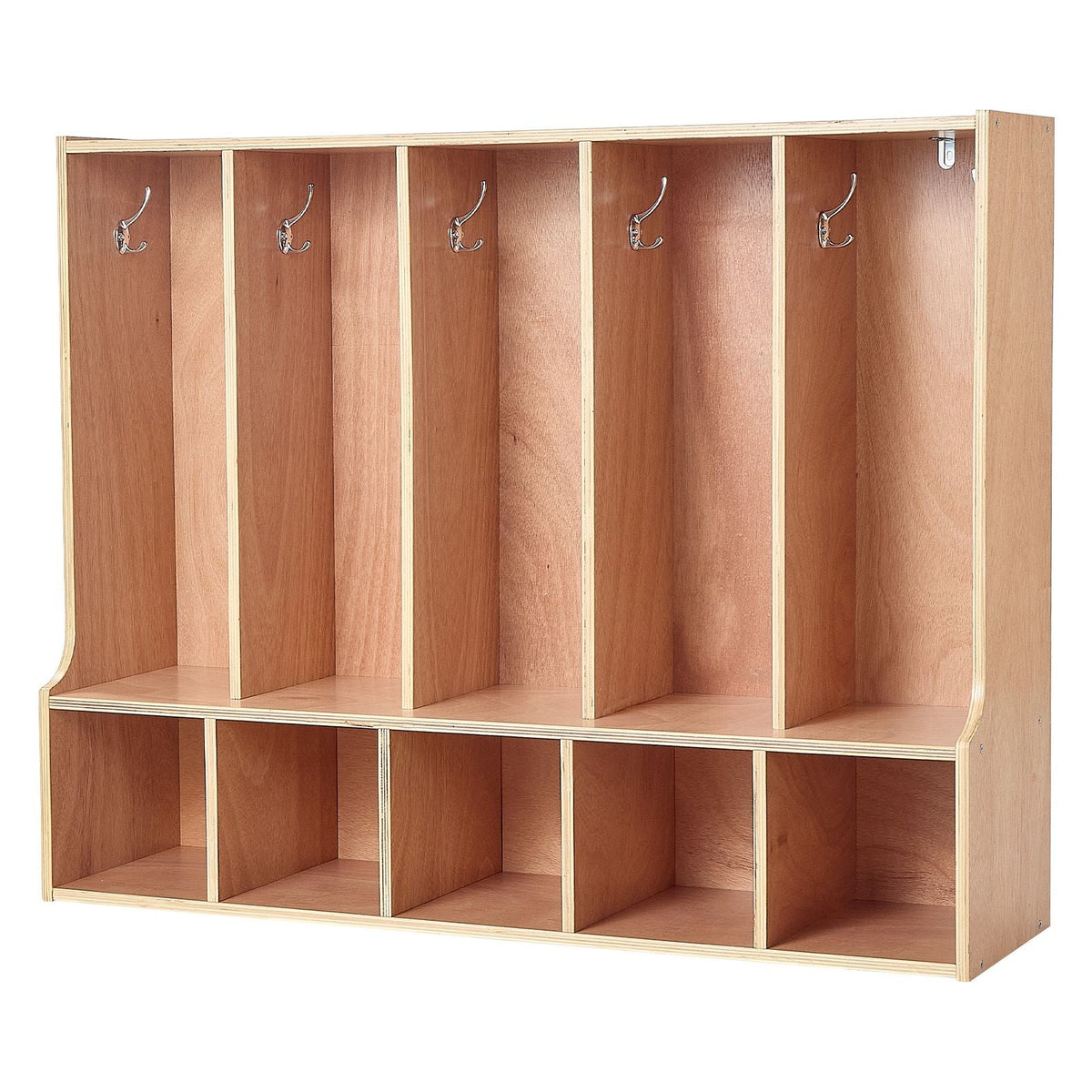 5-Section Kids Coat Locker, Wooden Toddler Cubby Storage Organizer with 10 Hooks & Non-Slip Mat, Modern Kid Coat Cubbies with 5 Small Open Storage Boxes for Home, Kindergarten, Daycare, Natural