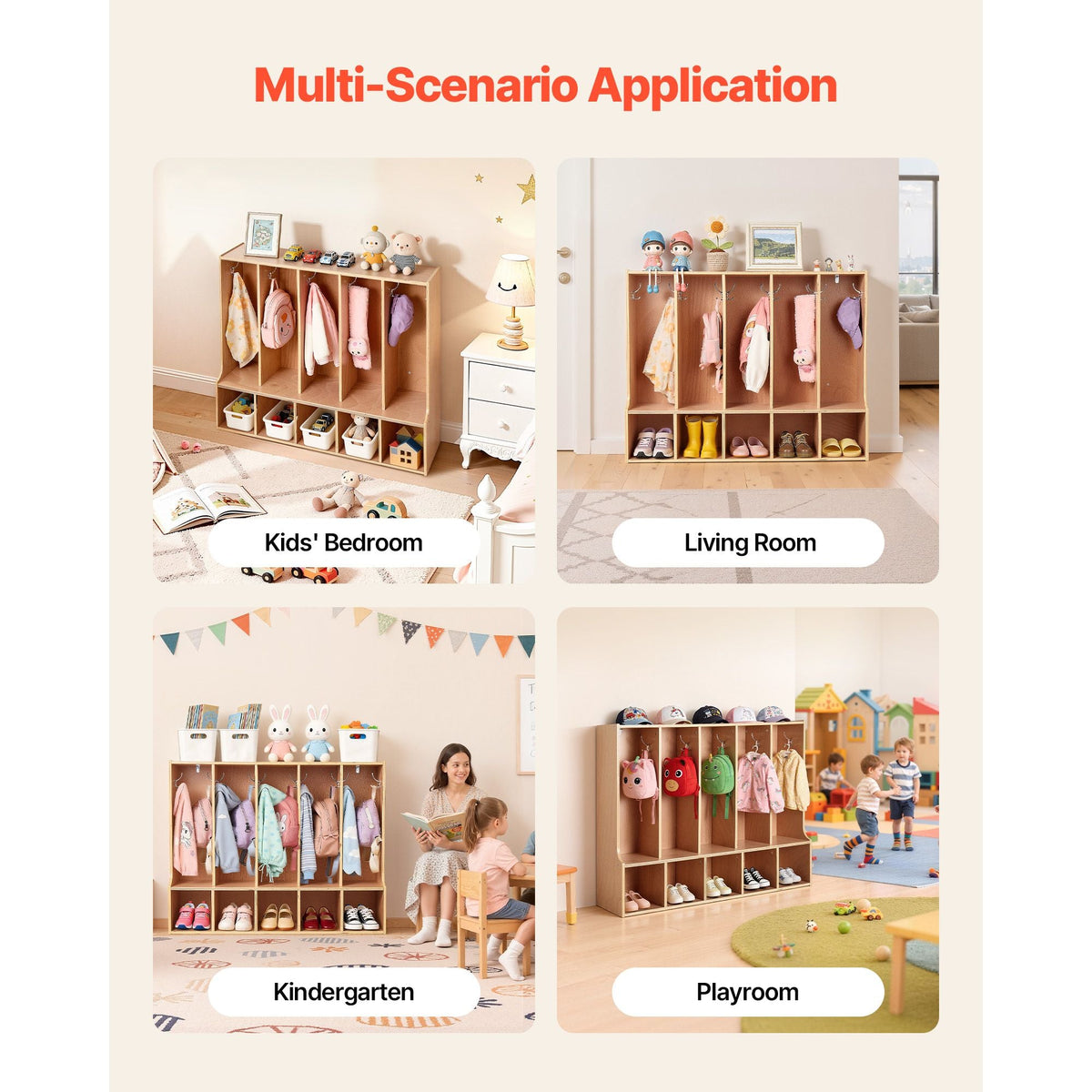 5-Section Kids Coat Locker, Wooden Toddler Cubby Storage Organizer with 10 Hooks & Non-Slip Mat, Modern Kid Coat Cubbies with 5 Small Open Storage Boxes for Home, Kindergarten, Daycare, Natural