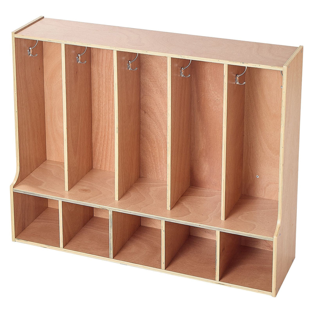 5-Section Kids Coat Locker, Wooden Toddler Cubby Storage Organizer with 10 Hooks & Non-Slip Mat, Modern Kid Coat Cubbies with 5 Small Open Storage Boxes for Home, Kindergarten, Daycare, Natural