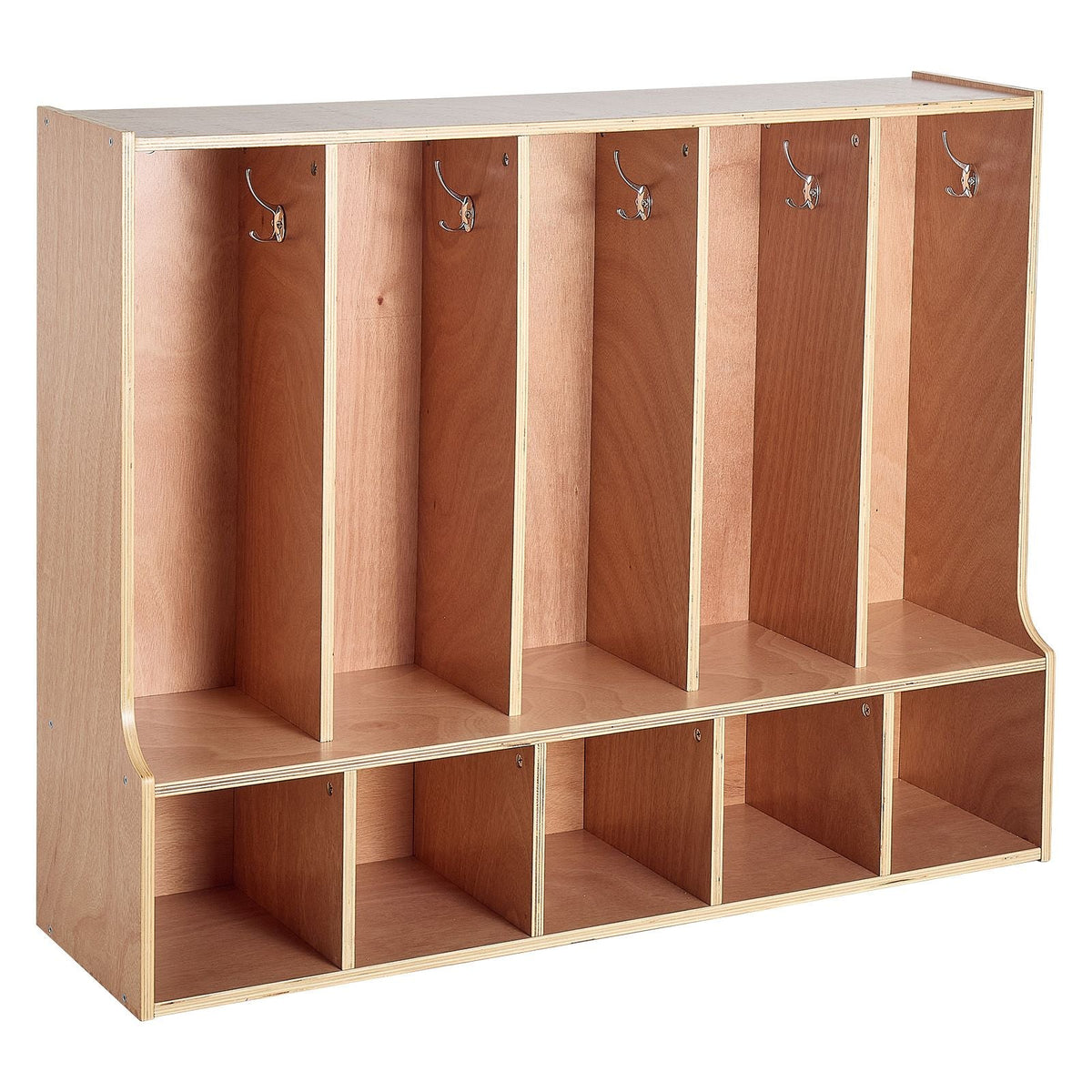 5-Section Kids Coat Locker, Wooden Toddler Cubby Storage Organizer with 10 Hooks & Non-Slip Mat, Modern Kid Coat Cubbies with 5 Small Open Storage Boxes for Home, Kindergarten, Daycare, Natural