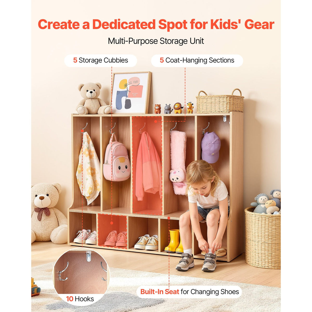 5-Section Kids Coat Locker, Wooden Toddler Cubby Storage Organizer with 10 Hooks & Non-Slip Mat, Modern Kid Coat Cubbies with 5 Small Open Storage Boxes for Home, Kindergarten, Daycare, Natural
